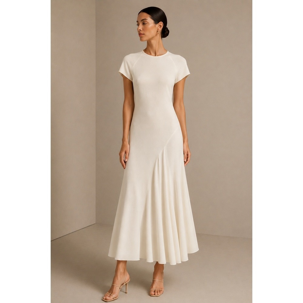Ellery Ivory Crepe Midi‎ Dress Godet Hem Architectural Luxury Minimalist Chic